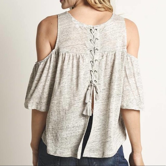 BB Dakota Women's Heather Gray Linen Cold Shoulder Lace Up Back Oliana Top sz M - Picture 4 of 5